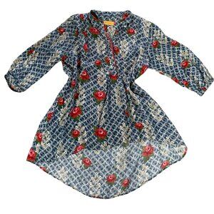 Benares BOHO Chiffon Blouse Buttons Red Trim Roses Hi-Low Tunic #9H